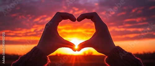 Hands forming heart shape in sunset with vibrant sky photo