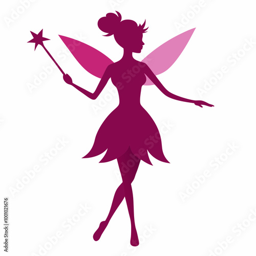 Magical fairy with her wand full body silhouette vector illustration on white background