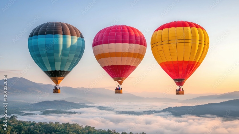 Fototapeta premium Colorful hot air balloons soaring over misty mountains