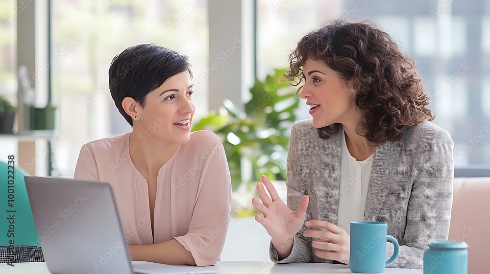 Two women engaged in an enthusiastic business discussion in an office Two women engaged in an enthusiastic business discussion in an office