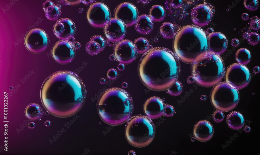 Iridescent bubbles float against a dark purple background Iridescent bubbles float against a dark purple background