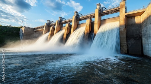 Powerful hydroelectric dam with cascading water