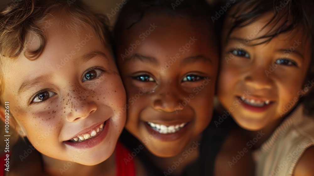 Three joyful children with different skin tones, smiling warmly Three joyful children with different skin tones, smiling warmly