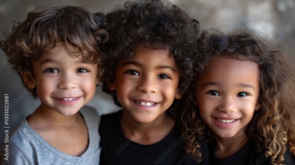 Three joyful children with varied hair textures, smiling brightly Three joyful children with varied hair textures, smiling brightly