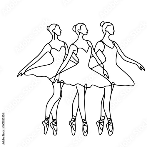 Three beautiful ballerinas in tutus standing in a row, minimalist style, single line vector outline drawing