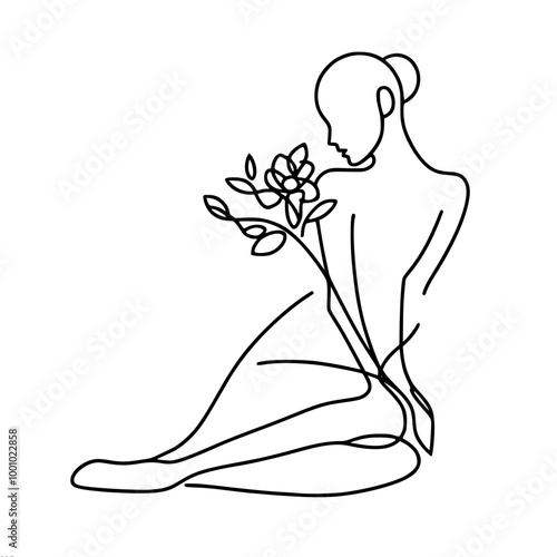 Graceful ballerina with flowers in hand sits on the floor with her legs tucked under her, minimalist style, single line vector outline drawing