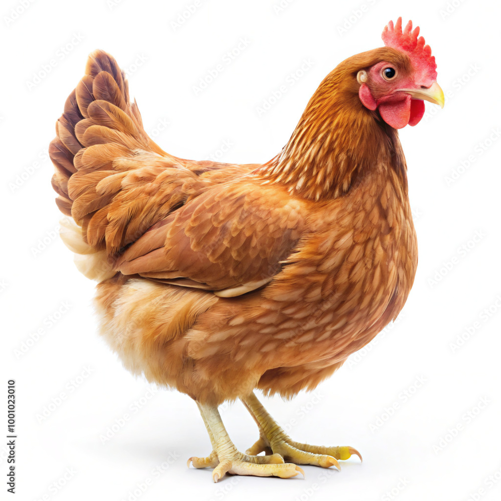 Fototapeta premium hen and chickenchicken, hen, bird, farm, animal, white, poultry, rooster, isolated, agriculture, chick, feather, brown, fowl, red, beak, domestic, livestock, farming, egg, nature, animals, cockerel, r