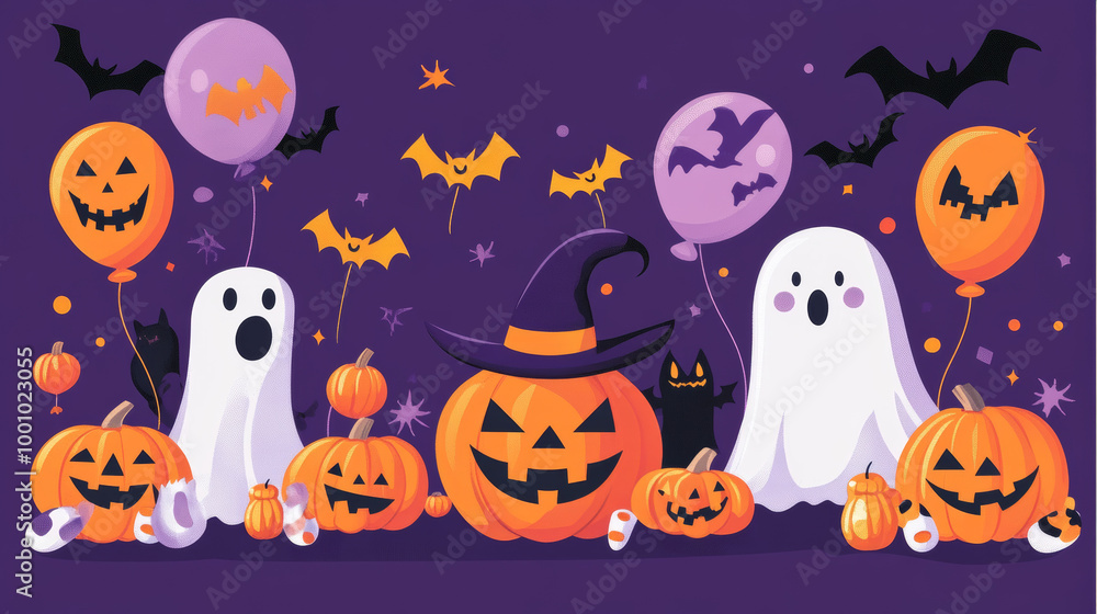 A festive Halloween scene with a pumpkin, witch hat, ghost balloons, pumpkins, bats, and candy corn. Spooky decorations against a purple backdrop make it perfect for a Halloween banner or poster. A festive Halloween scene with a pumpkin, witch hat, ghost balloons, pumpkins, bats, and candy corn. Spooky decorations against a purple backdrop make it perfect for a Halloween banner or poster.