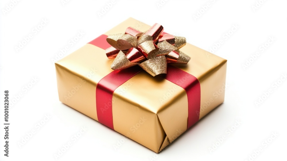 Classic gold and red-wrapped New Year gift, isolated on a white background with a luxurious bow on top. Classic gold and red-wrapped New Year gift, isolated on a white background with a luxurious bow on top.