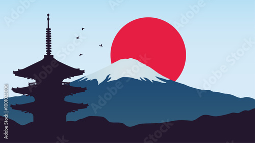 Japan. Vector background with silhouette of Japanese pagoda, Mount Fuji and red sun. Highest mountain of country. Japan`s sacred place. Travel illustration with landscape and traditional architecture