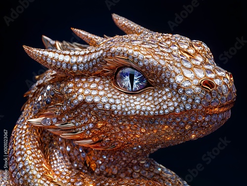 A dragon with diamondencrusted scales, sparkling brilliantly on a plain, dark black background photo