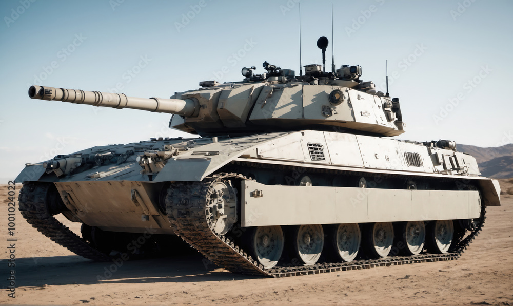 A military tank sits in a desert setting A military tank sits in a desert setting