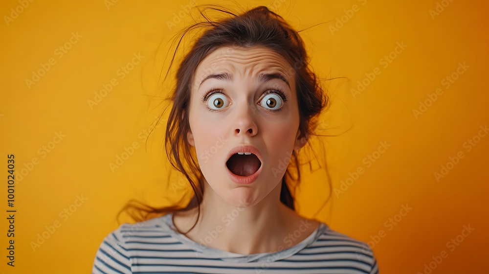 A horrified woman backing away with wide eyes, with a solid orange background. A horrified woman backing away with wide eyes, with a solid orange background.
