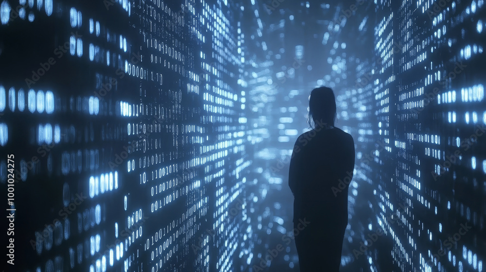 A tech-driven scene with glowing binary code cascading over digital systems. Systems engineering. Programming. A tech-driven scene with glowing binary code cascading over digital systems. Systems engineering. Programming.