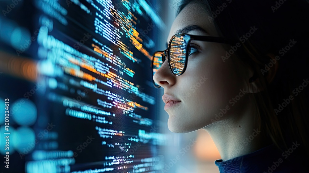 Young girl looking at a holographic screen with text graphics. Young girl looking at a holographic screen with text graphics.