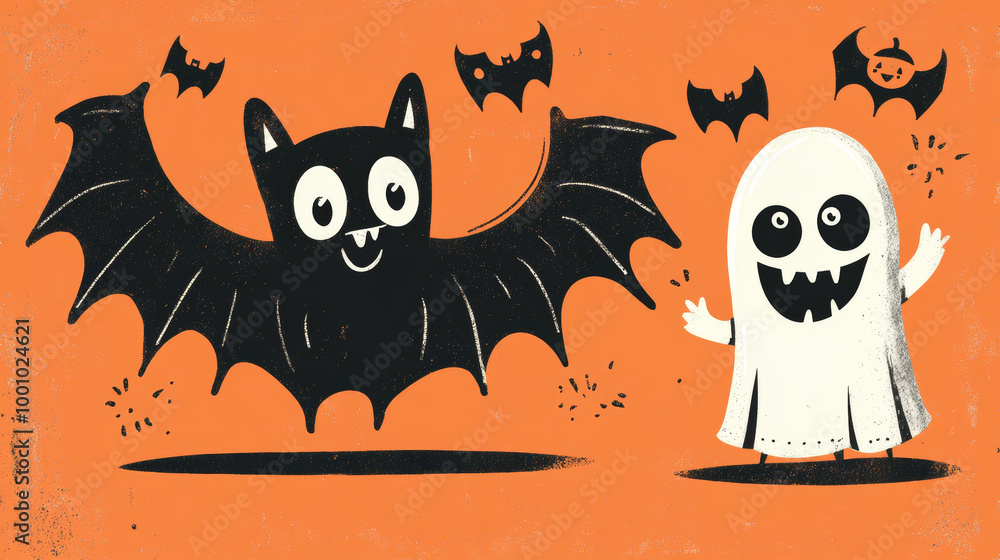 A fun Halloween card with a cute bat, a friendly ghost, and a funny monster. The characters are cartoon-style and have a black outline against an orange background. A fun Halloween card with a cute bat, a friendly ghost, and a funny monster. The characters are cartoon-style and have a black outline against an orange background.
