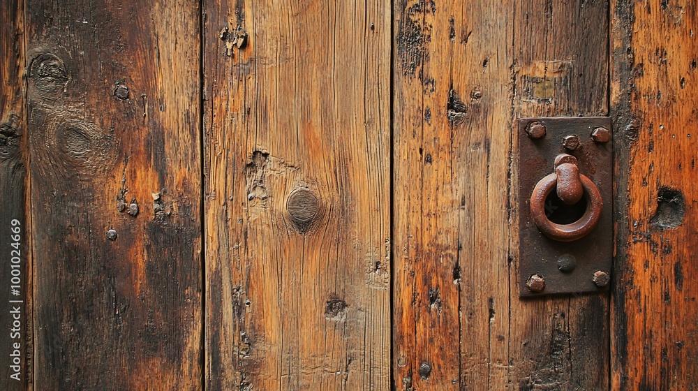 Closeup of rustic wooden door with metal ring handle. Closeup of rustic wooden door with metal ring handle.