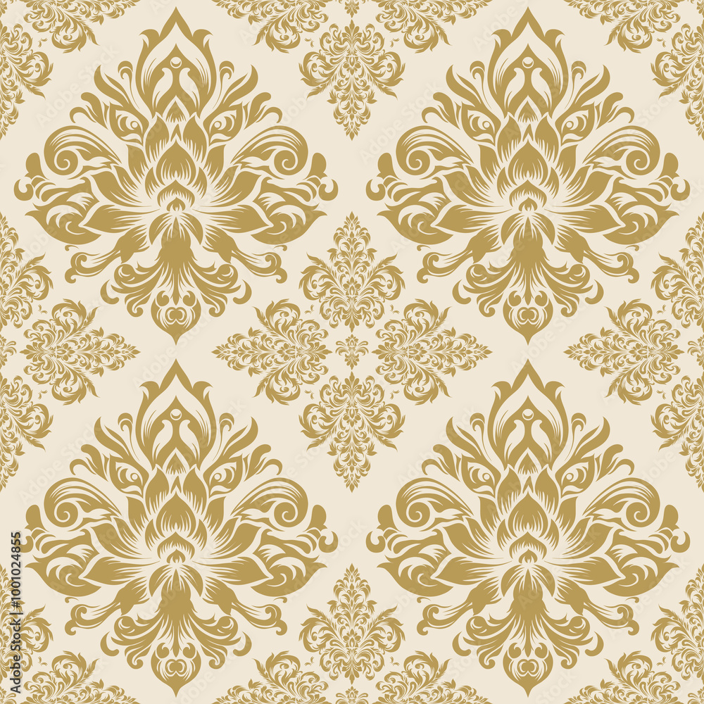 Seamless golden damask pattern on beige background. Luxurious classic ornament in baroque style. Golden ornament design for wallpaper, textiles and luxury interior.