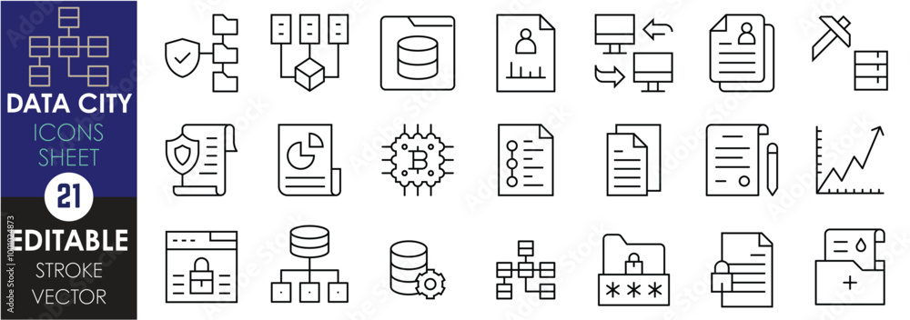 A set of line icons related to Data City. Datafication, data, digital, paper, record, mining, database, technology, statistical, medical, computer, and so on. Vector editable stroke. A set of line icons related to Data City. Datafication, data, digital, paper, record, mining, database, technology, statistical, medical, computer, and so on. Vector editable stroke.