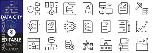 A set of line icons related to Data City. Datafication, data, digital, paper, record, mining, database, technology, statistical, medical, computer, and so on. Vector editable stroke. photo