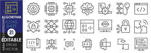 A set of line icons related to Algorithm. Machine learning, coding, cyber, security, coding, solution, mind mapping, programming, and so on. Vector editable stroke.