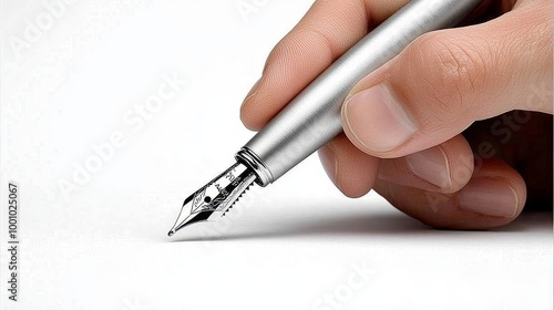 Close-up of a lawyer's hand holding a fountain pen, poised to sign a contract