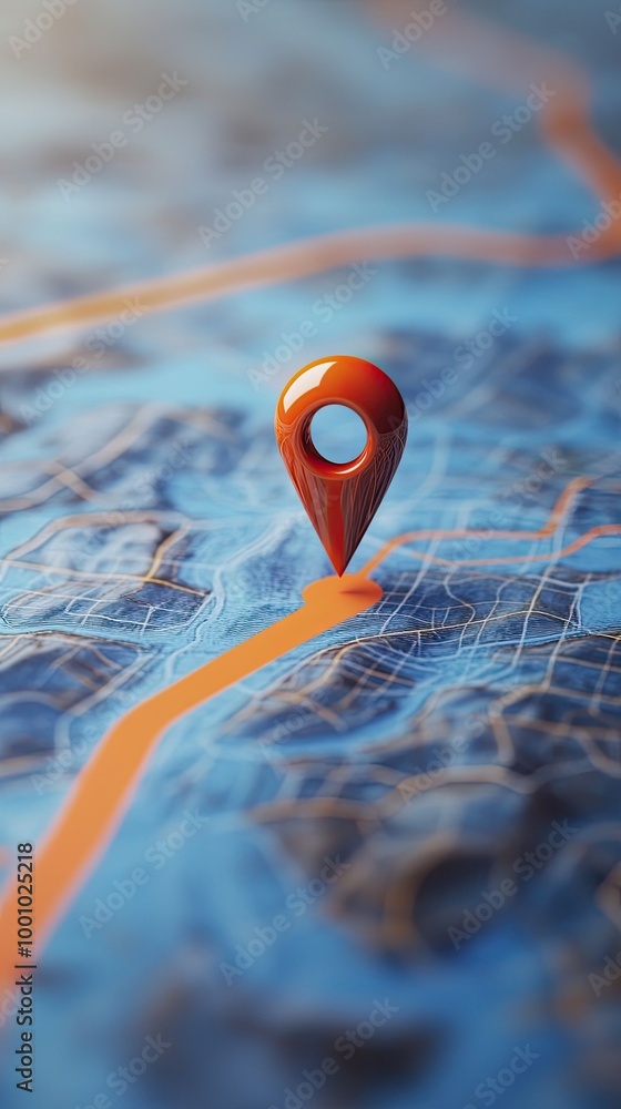 3D illustration. A red pin on the map with orange lines, indicating location and route 3D illustration. A red pin on the map with orange lines, indicating location and route
