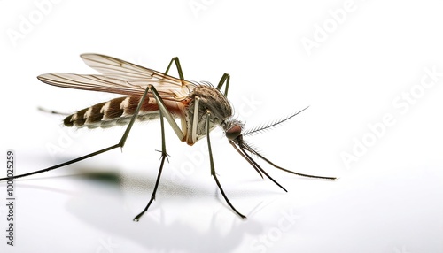 Mosquito - Culicidae - are a family of small biting fly parasites with highly elongated, piercing sucking mouthparts. Only females suck blood. Isolated on white background with copy space photo