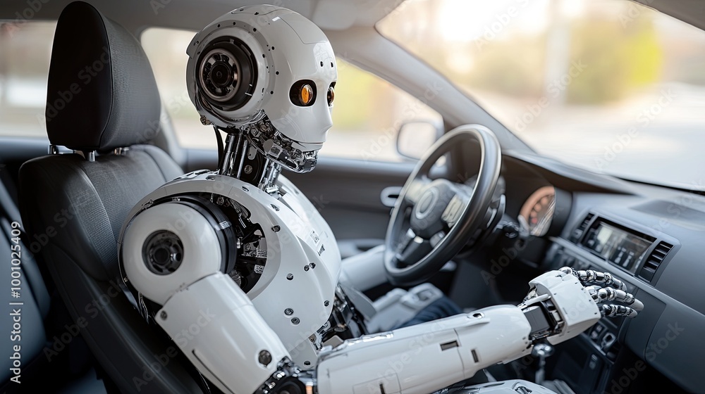 Intelligent humanoid robot driving a car Intelligent humanoid robot driving a car