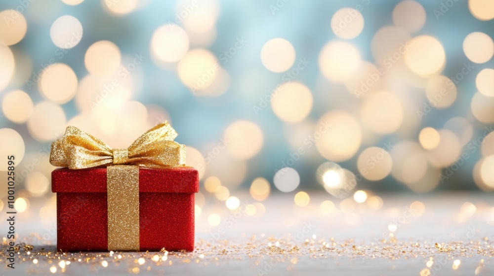 A bright red gift box with a shining golden bow rests on a surface, surrounded by charming, blurred lights that enhance the festive atmosphere A bright red gift box with a shining golden bow rests on a surface, surrounded by charming, blurred lights that enhance the festive atmosphere