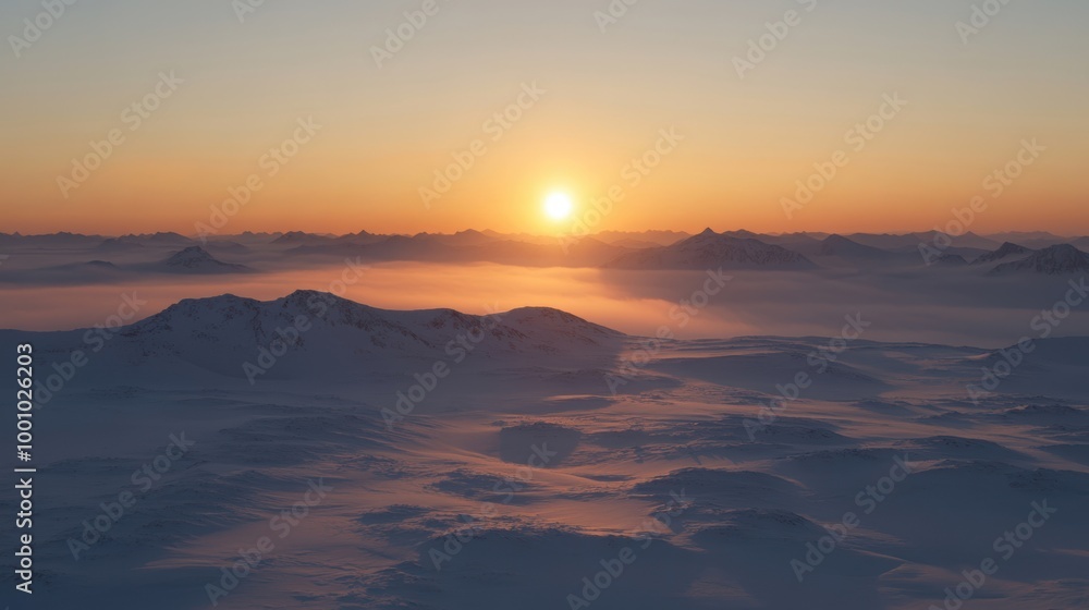 The breathtaking icy expanse is bathed in warm sunset hues, creating a tranquil and serene atmosphere across the landscape The breathtaking icy expanse is bathed in warm sunset hues, creating a tranquil and serene atmosphere across the landscape