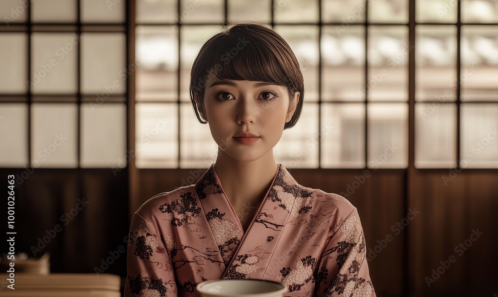 Woman in traditional Japanese clothing holding a cup. Woman in traditional Japanese clothing holding a cup.