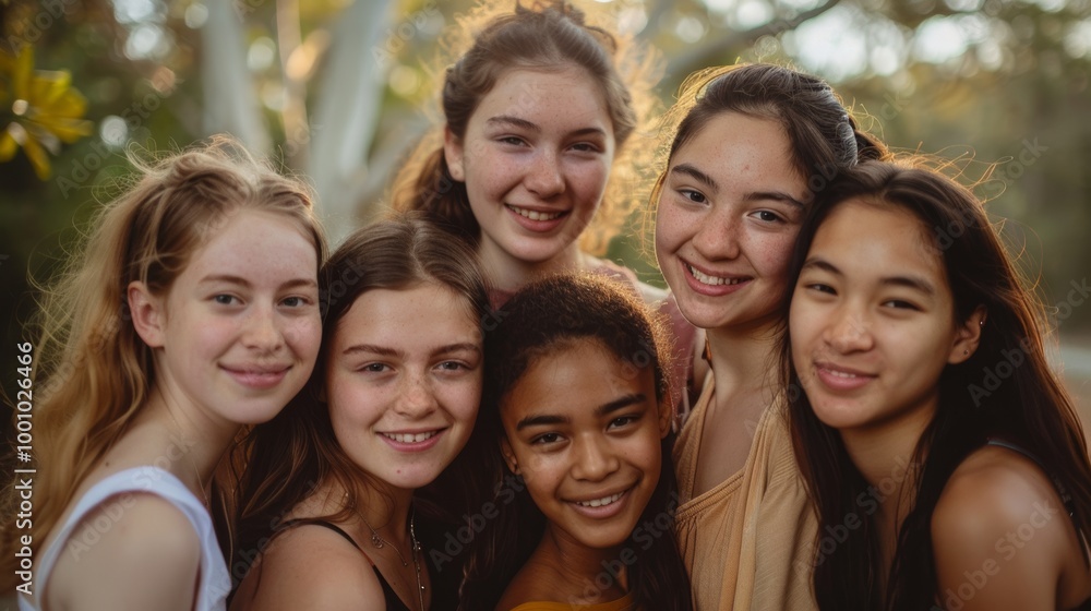 Young women from various ethnicities, smiling warmly and standing closely together Young women from various ethnicities, smiling warmly and standing closely together