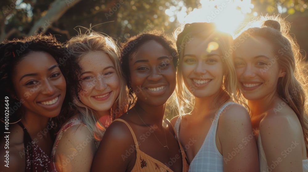 Young women from various ethnicities, smiling warmly and standing closely together Young women from various ethnicities, smiling warmly and standing closely together