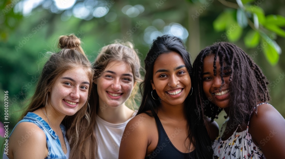 Young women of various ethnic backgrounds, smiling warmly and standing closely together Young women of various ethnic backgrounds, smiling warmly and standing closely together
