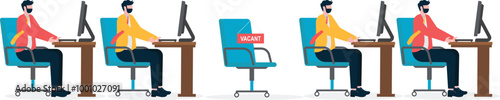 Hiring employees, job vacancies, five vacant office chairs

