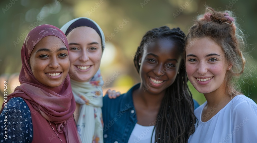 Young women of various ethnic backgrounds, smiling warmly and standing closely together Young women of various ethnic backgrounds, smiling warmly and standing closely together