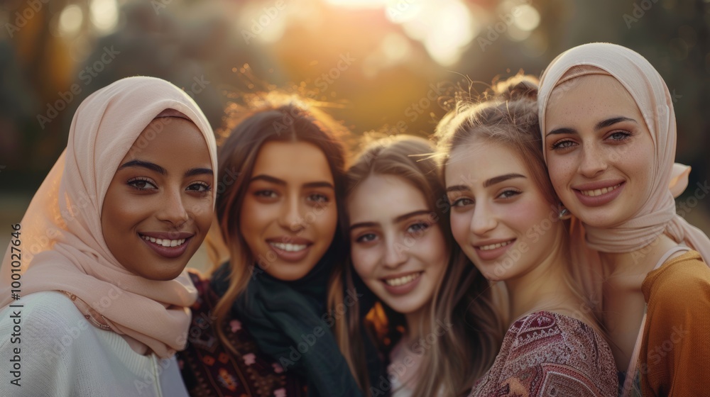 Young women of various ethnic backgrounds, smiling warmly and standing closely together Young women of various ethnic backgrounds, smiling warmly and standing closely together