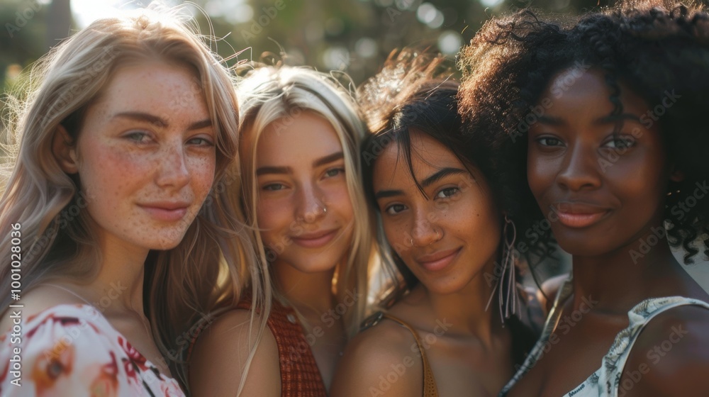 Young women of various ethnic backgrounds, standing closely and smiling Young women of various ethnic backgrounds, standing closely and smiling