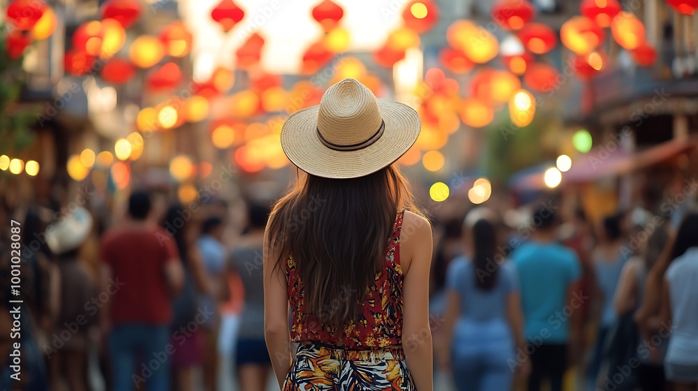 Obraz premium Woman in a crowd with vibrant red lanterns above