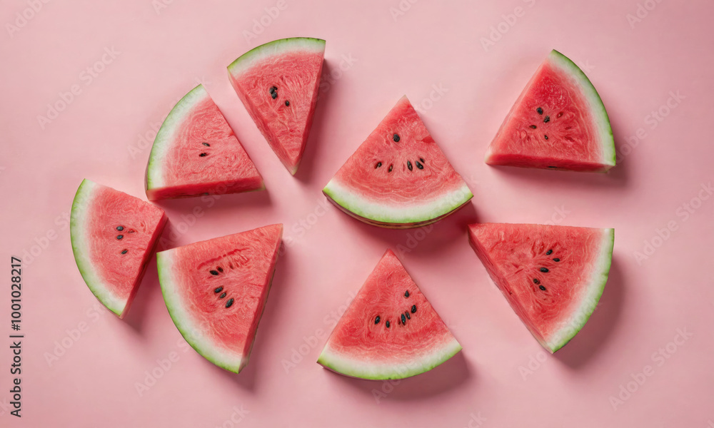 Watermelon slices are arranged on a pink background Watermelon slices are arranged on a pink background