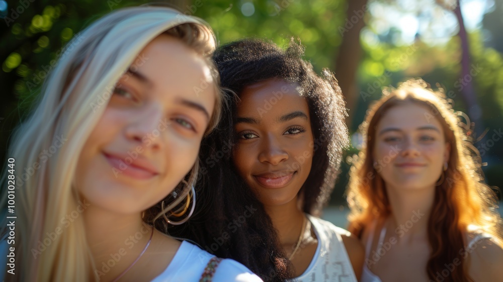 Young women of various ethnic backgrounds, standing closely and smiling warmly Young women of various ethnic backgrounds, standing closely and smiling warmly