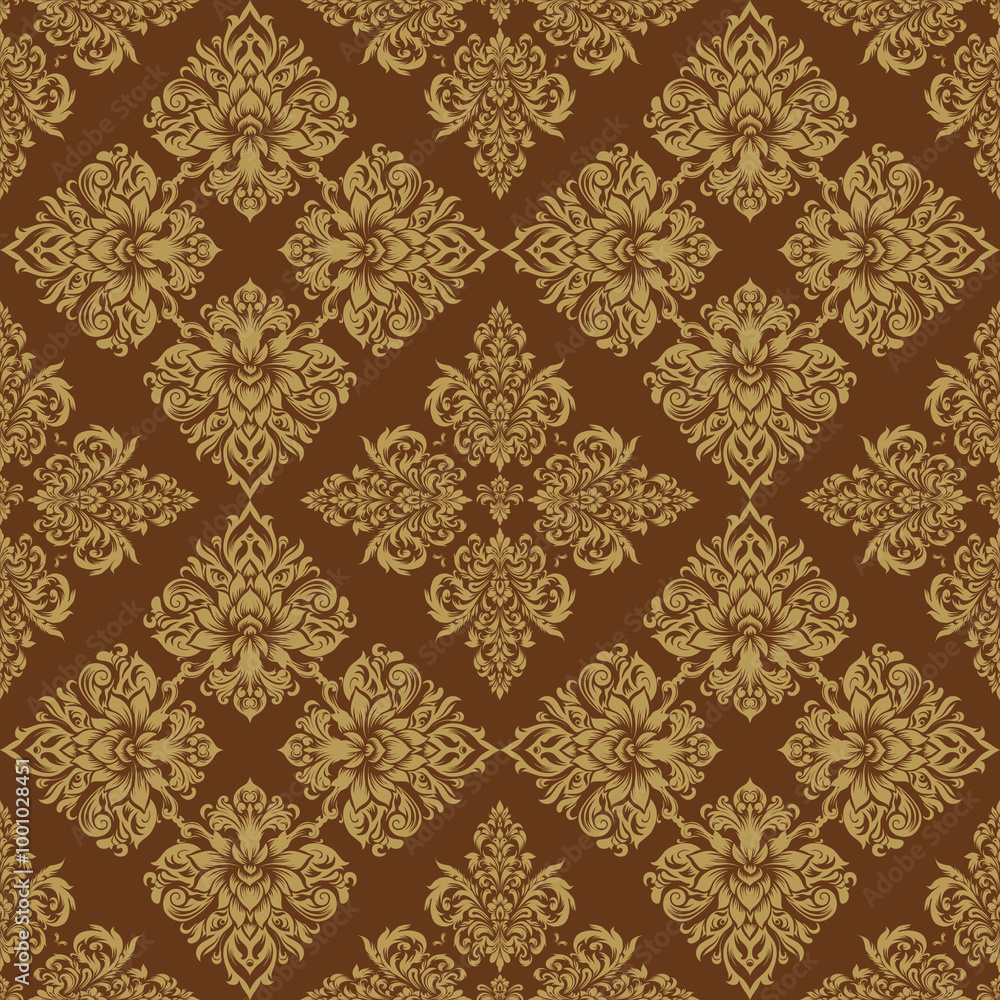 Seamless golden damask pattern on brown background. Luxurious classic ornament in baroque style. Golden ornament design for wallpaper, textiles and luxury interior. Seamless golden damask pattern on brown background. Luxurious classic ornament in baroque style. Golden ornament design for wallpaper, textiles and luxury interior.