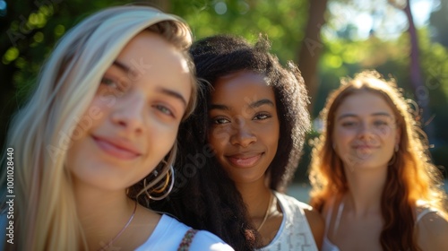 Young women of various ethnic backgrounds, standing closely and smiling warmly