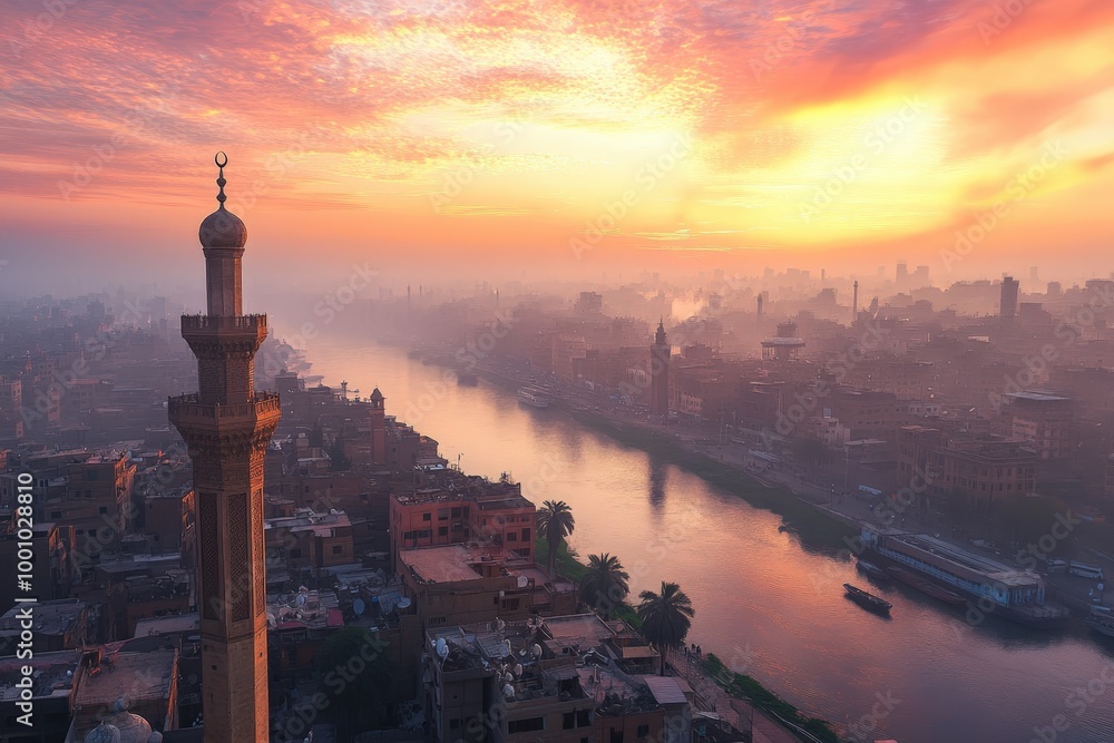 Naklejka premium Stunning sunset over a bustling city skyline