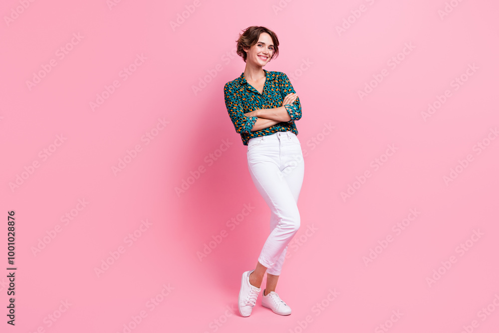 Full length photo of positive girl with bob hair dressed stylish shirt white pants hold palms folded isolated on pink color background