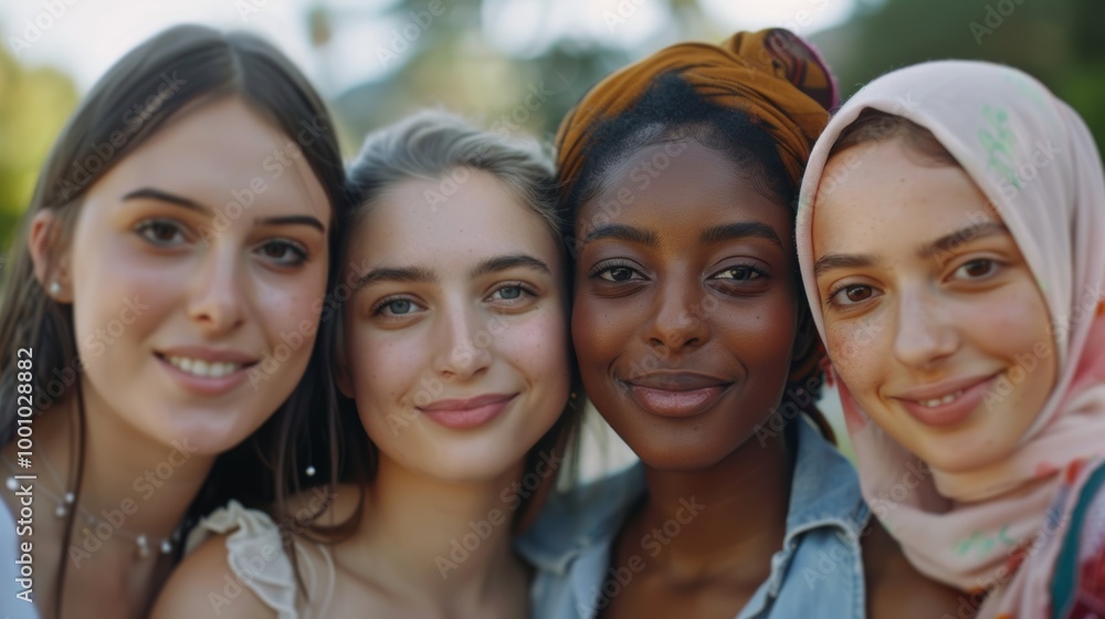 Fototapeta premium Smiling young women from different ethnic backgrounds, standing closely together and warmly
