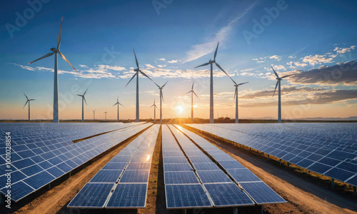 A field of solar panels and wind turbines generates clean energy during a beautiful sunset