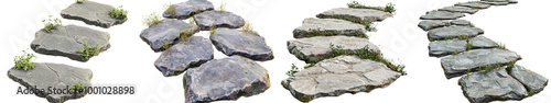 Stone pathway with green grass accents, white isolated background.