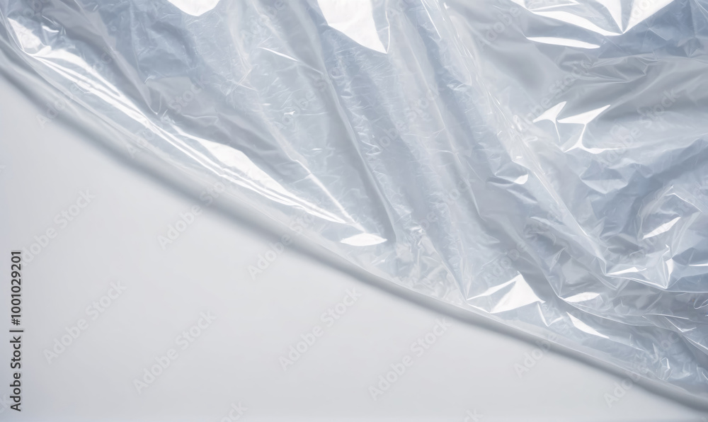 Fototapeta premium A close-up of clear plastic wrap, crumpled and draped over a white surface
